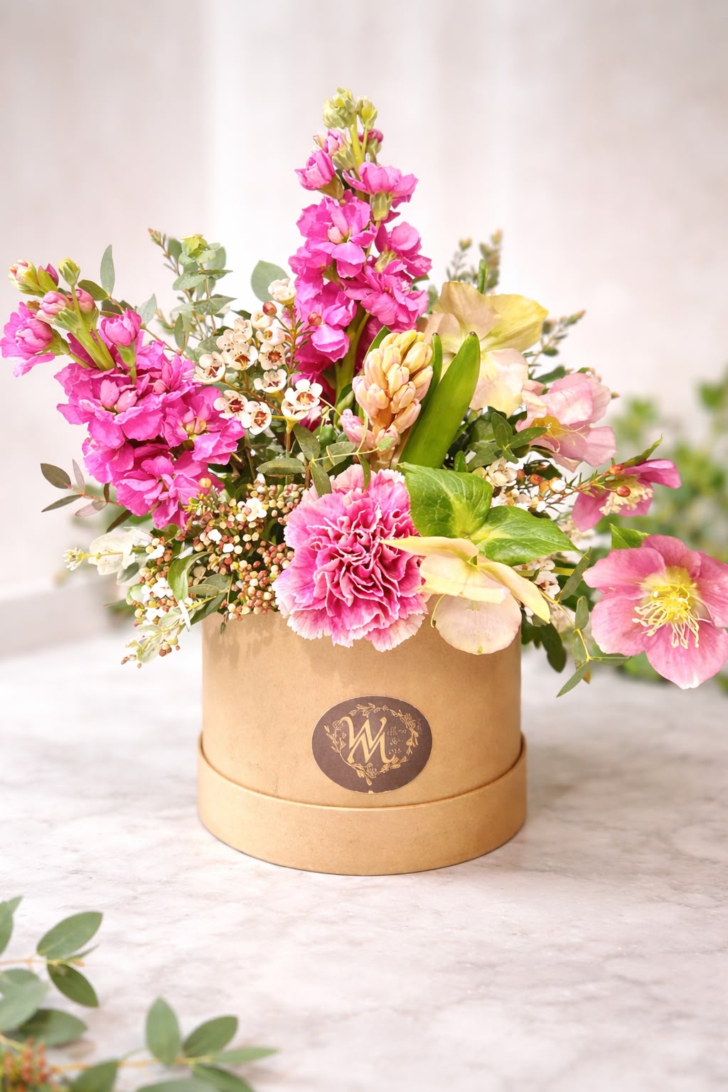 Seasonal hat box arrangement by Willow and Moss